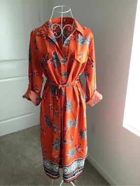 NY Collection Orange Floral Button-Front Dress with Print Trim
